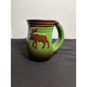Rustic Green Glazed Ceramic Mug with Brown Moose Design‎ Coffee Cup